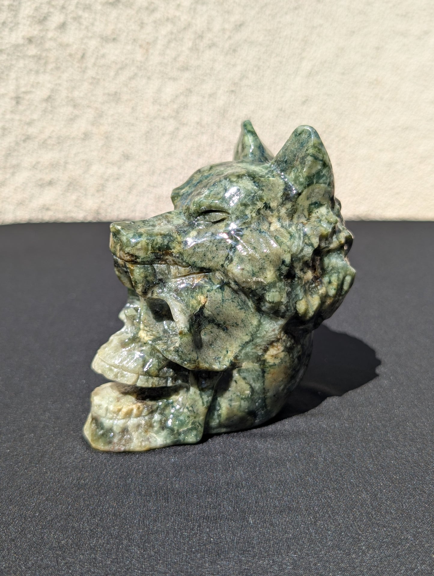 Fang of Fate – Jade Wolf & Skull Carving - 4.2" | 1.2 lbs