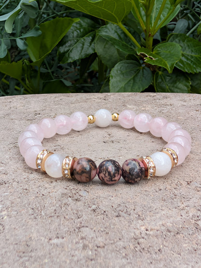 Divine Mother Love Bracelet | Rose Quartz, Moonstone & Rhodonite | Healing Crystal Bracelet | Handmade Jewelry