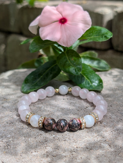 Divine Mother Love Bracelet | Rose Quartz, Moonstone & Rhodonite | Healing Crystal Bracelet | Handmade Jewelry