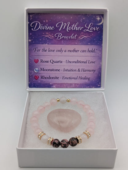 Divine Mother Love Bracelet | Rose Quartz, Moonstone & Rhodonite | Healing Crystal Bracelet | Handmade Jewelry
