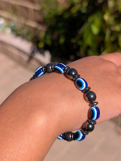 Evil Eye & Hematite Stretch Bracelet – 8mm Beads | Protection Bracelet