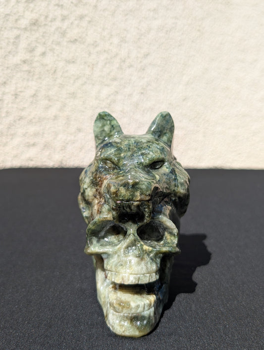 Fang of Fate – Jade Wolf & Skull Carving - 4.2" | 1.2 lbs