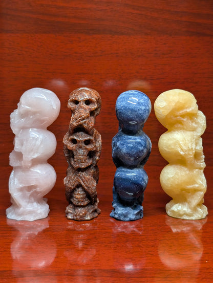 Hear No Evil • See No Evil • Speak No Evil – 3-Skull Crystal Carving (4”)