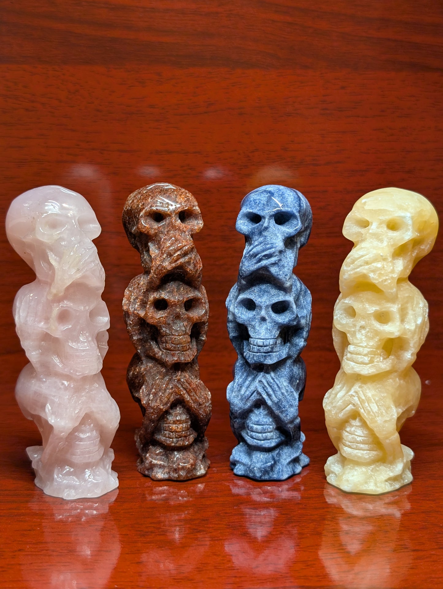 Hear No Evil • See No Evil • Speak No Evil – 3-Skull Crystal Carving (4”)