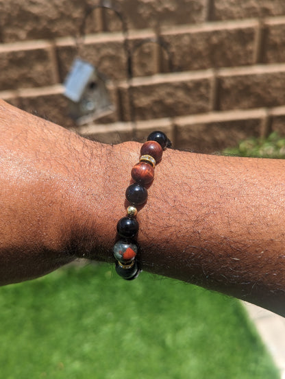 Earth's Mystique Trio Bracelet (African Bloodstone, Brown Tiger's Eye, and Black Agate)