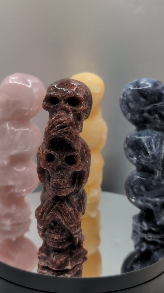 Hear No Evil • See No Evil • Speak No Evil – 3-Skull Crystal Carving (4”)
