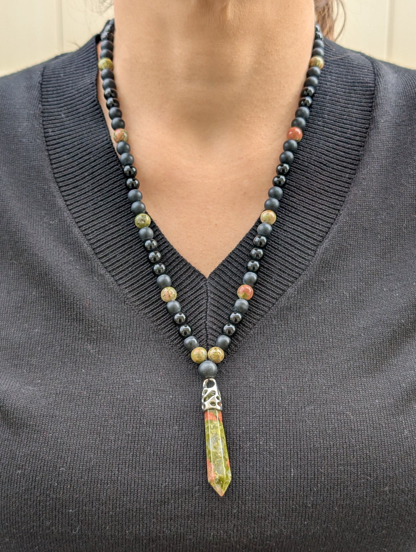 Unakite & Obsidian Adjustable Necklace – Unakite Point Pendant | Grounding Gemstone Jewelry