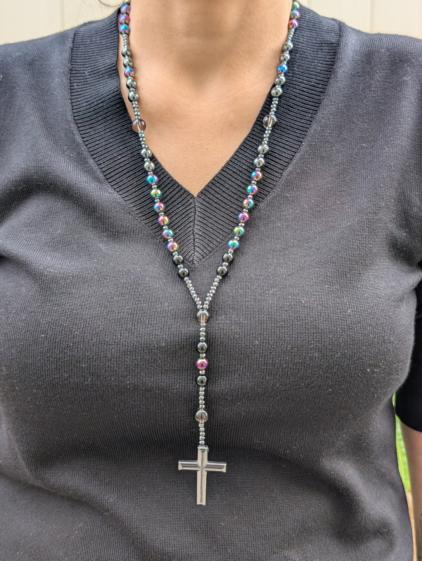 Aura Hematite, Obsidian & Smoky Quartz Beaded Rosary – Handmade Gemstone Rosary