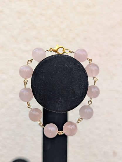 Luxury Handmade Rose Quartz Bracelet – 10mm Beads, Gold-Plated Clasp & Golden Links | 7”