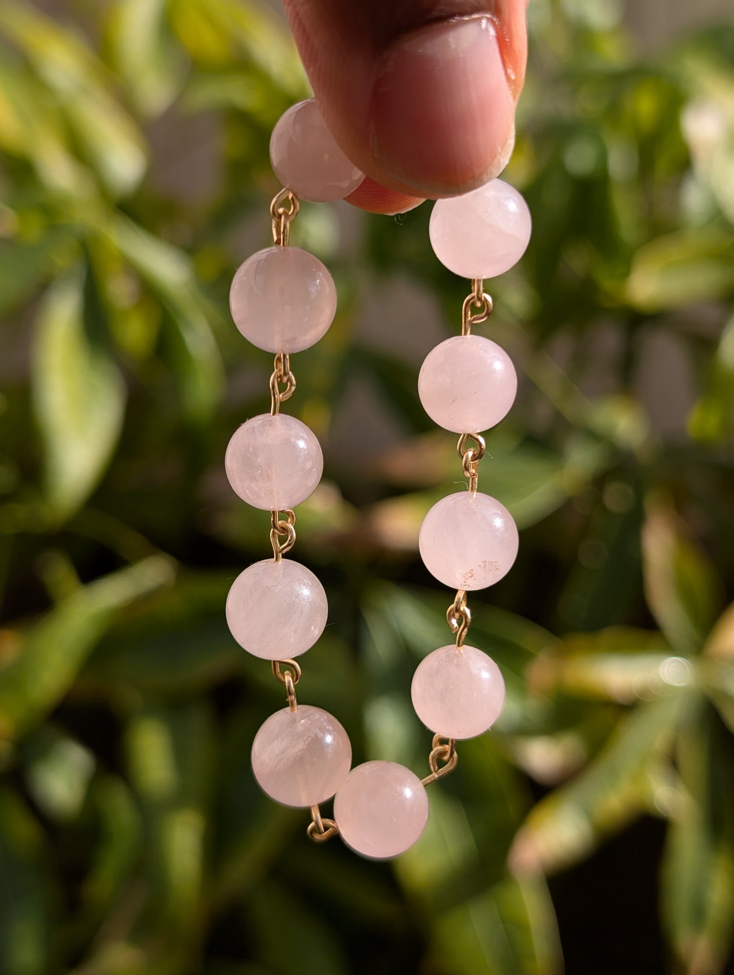 Luxury Handmade Rose Quartz Bracelet – 10mm Beads, Gold-Plated Clasp & Golden Links | 7”