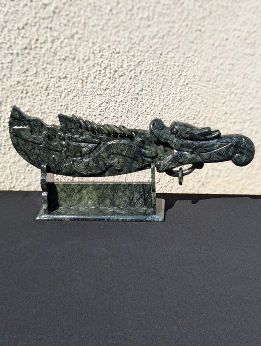 Ancient Jade Sword with Stand Carving – 15" L | 7.5" H | 4.3 lbs
