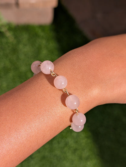 Luxury Handmade Rose Quartz Bracelet – 10mm Beads, Gold-Plated Clasp & Golden Links | 7”